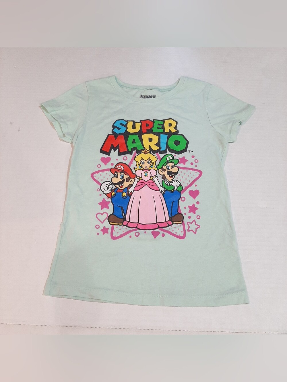 Light mint-green Girl's size Small 7/8 Nintendo Super Mario Character Trio Tee